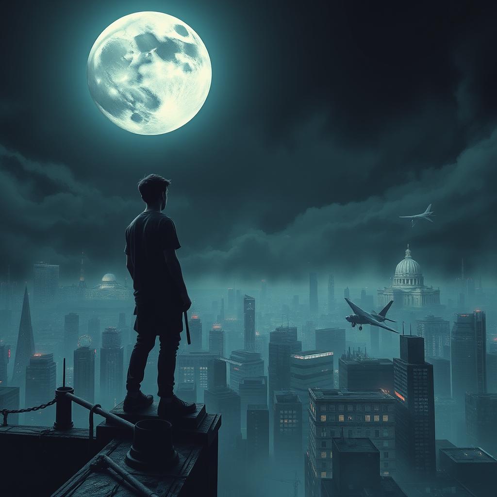 A vertical image suitable for a book cover, depicting a dystopian futuristic world