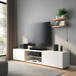 Design a modern TV bench with two drawers, and specific sections for vertically standing PlayStation 5, subwoofer, and two UPS units at the bottom. The TV and soundbar are wall-mounted above the bench. The bench should showcase efficient space utilization.