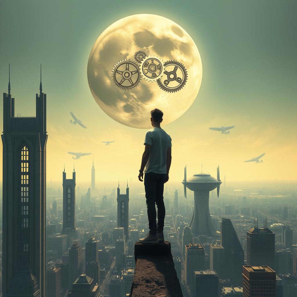 A vertical image suitable for a book cover, depicting a dystopian futuristic world