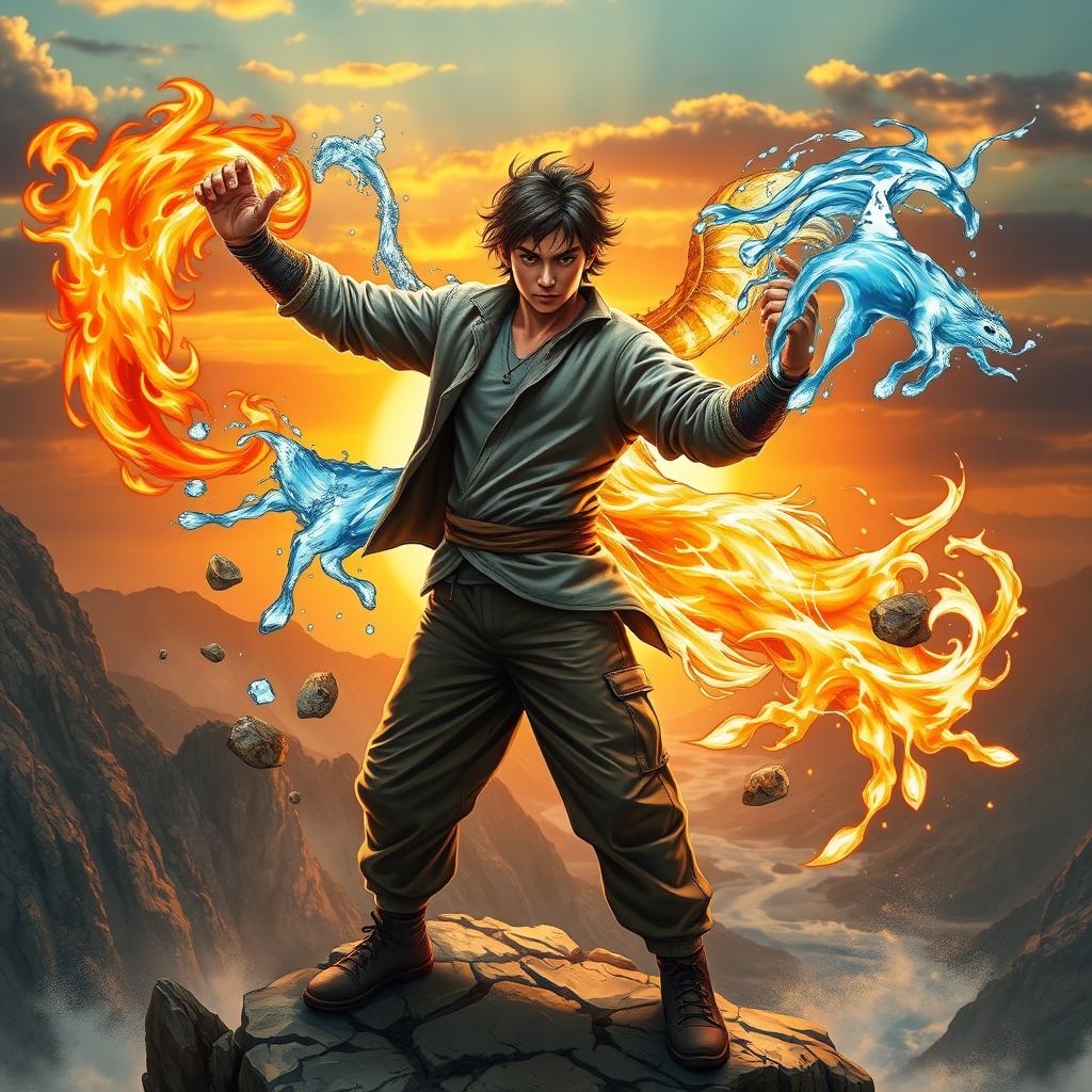 A powerful young man wielding the four elemental powers: fire, water, earth, and air