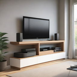 Design a modern TV bench with two drawers, and specific sections for vertically standing PlayStation 5, subwoofer, and two UPS units at the bottom. The TV and soundbar are wall-mounted above the bench. The bench should showcase efficient space utilization.