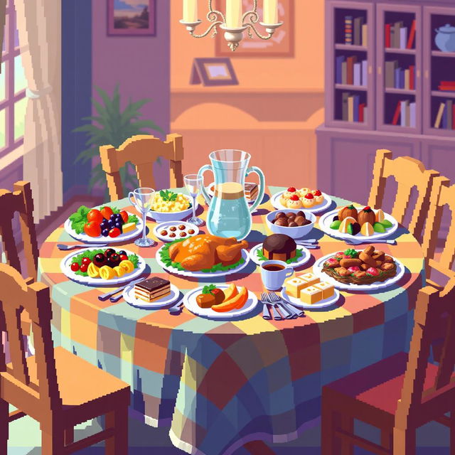 A vibrant pixel art scene depicting a beautifully set dining table laden with an array of delicious foods