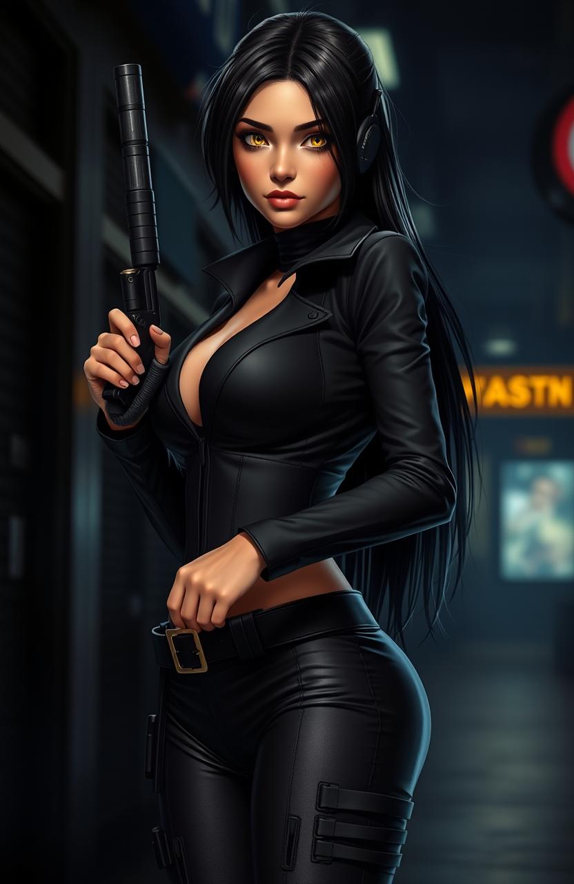 A stunning black-haired girl standing confidently, showcasing her tanned skin