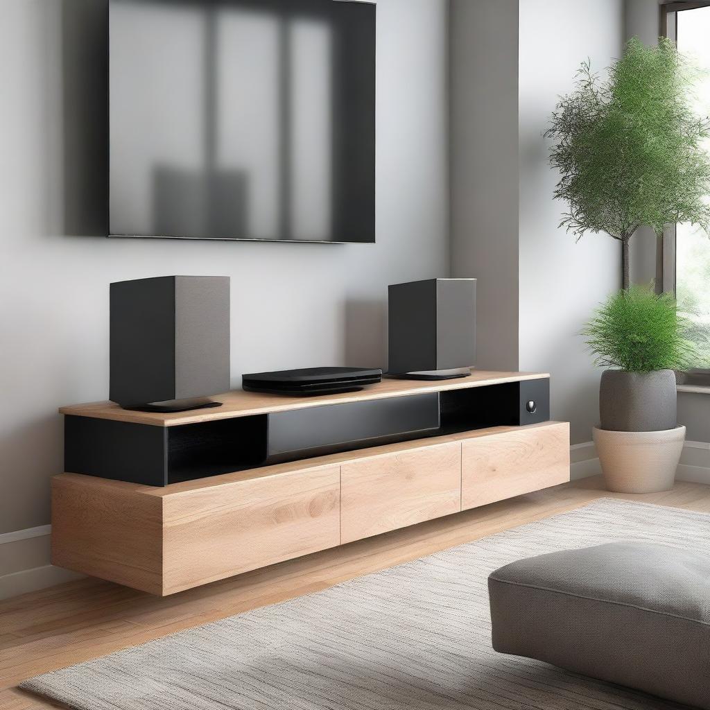 Design a modern TV bench with two drawers, and specific sections for vertically standing PlayStation 5, subwoofer, and two UPS units at the bottom. The TV and soundbar are wall-mounted above the bench. The bench should showcase efficient space utilization.