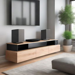 Design a modern TV bench with two drawers, and specific sections for vertically standing PlayStation 5, subwoofer, and two UPS units at the bottom. The TV and soundbar are wall-mounted above the bench. The bench should showcase efficient space utilization.