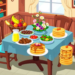 A pixel art style illustration of a table beautifully set with an array of delicious food