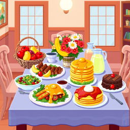 A pixel art style illustration of a table beautifully set with an array of delicious food