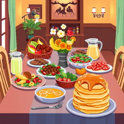 A pixel art style illustration of a table beautifully set with an array of delicious food