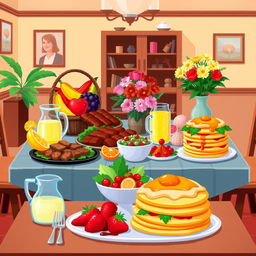 A pixel art style illustration of a table beautifully set with an array of delicious food