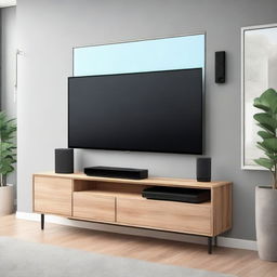 Design a modern TV bench with two drawers, and specific sections for vertically standing PlayStation 5, subwoofer, and two UPS units at the bottom. The TV and soundbar are wall-mounted above the bench. The bench should showcase efficient space utilization.