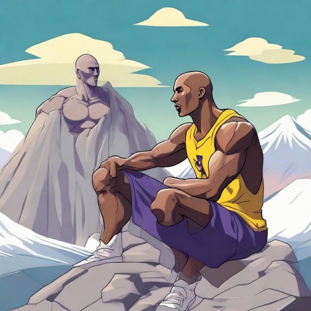 Anime-style depiction of Kobe Bryant and the muscular figure of Zyzz sitting atop the peaks of Mount Olympus, engaged in a friendly interaction.