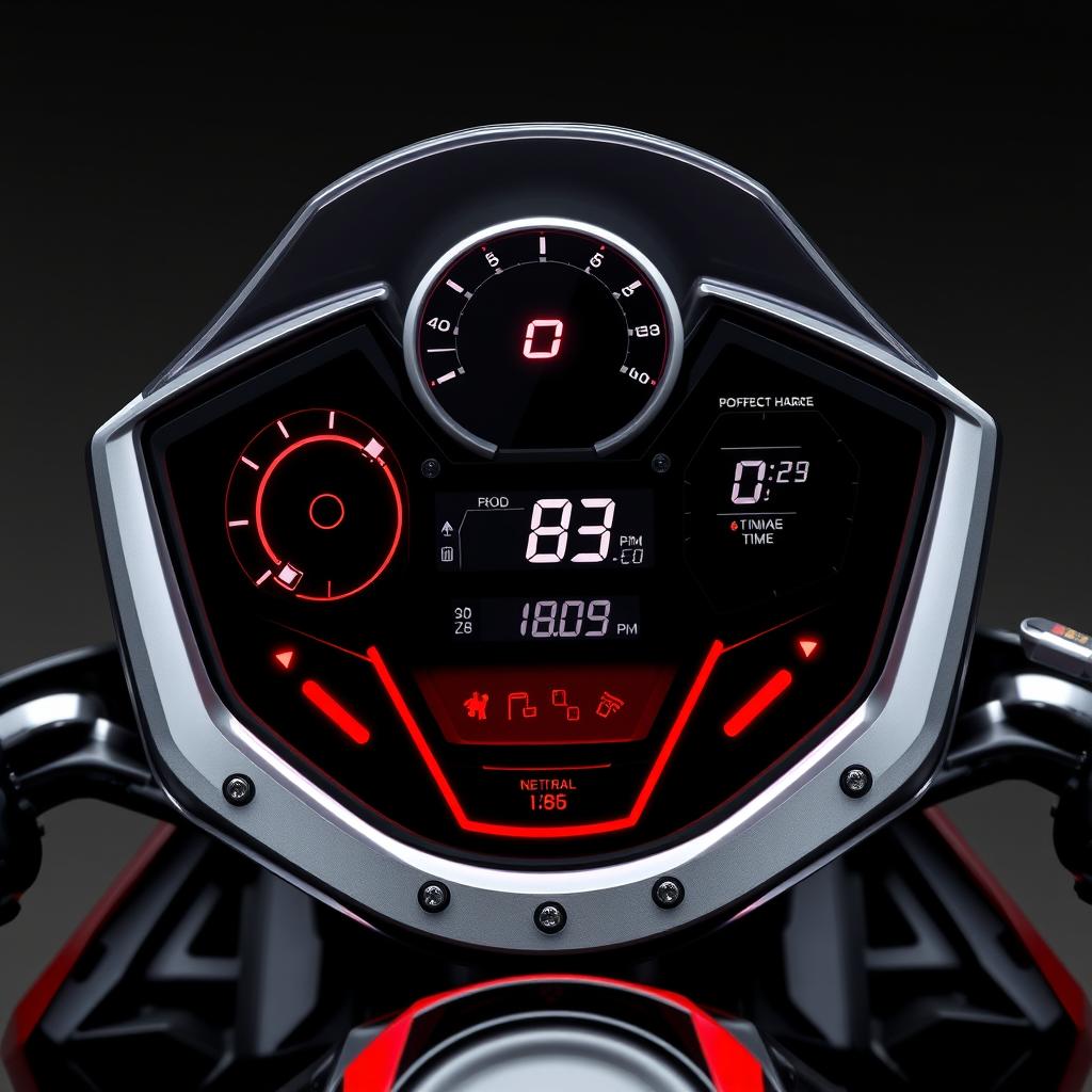 A unique dashboard design for an electric motorcycle featuring a sleek black and red color scheme with white backlighting