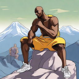 Anime-style depiction of Kobe Bryant and the muscular figure of Zyzz sitting atop the peaks of Mount Olympus, engaged in a friendly interaction.