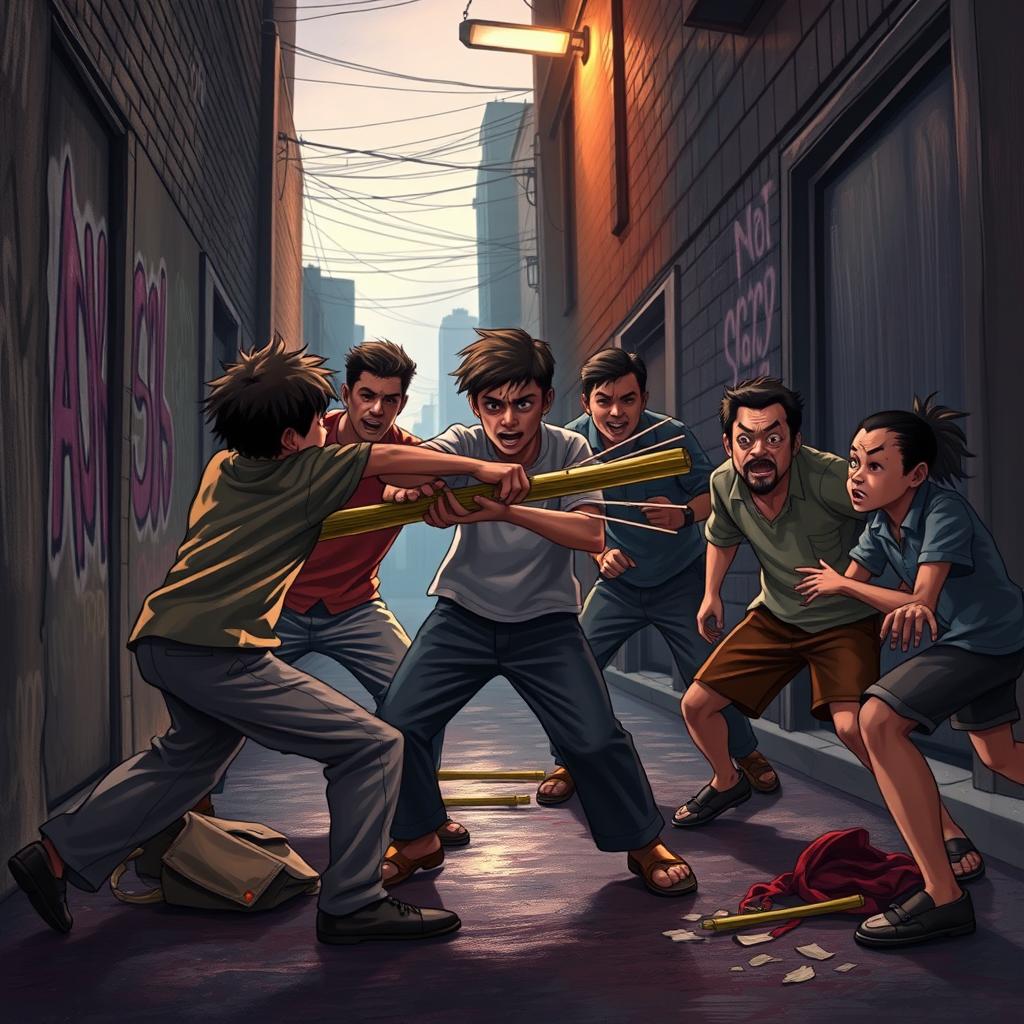 A dramatic scene depicting a showdown between a shy character, Johny, and a group of five bullies: Richard, Sonny, Kevin, Marco, and Danny