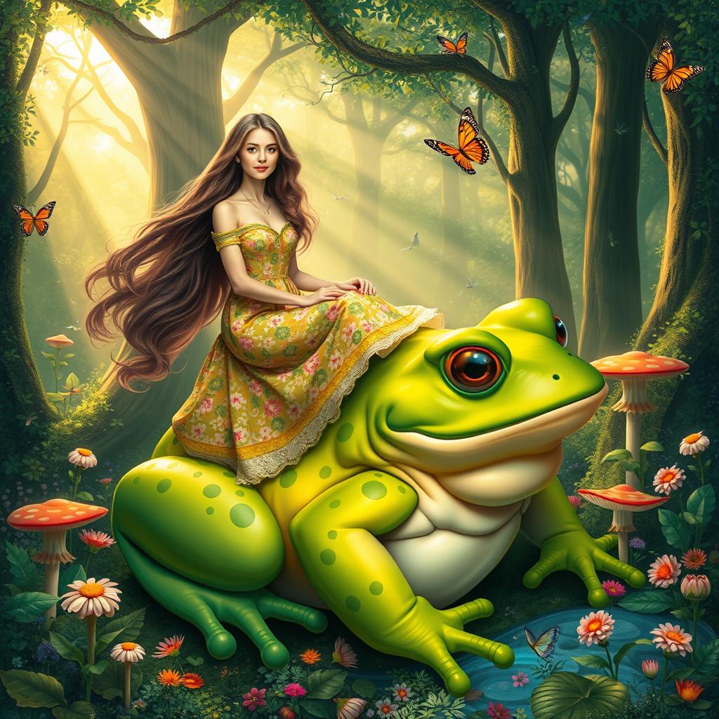 A whimsical scene featuring a woman sitting gracefully on a large, colorful frog in a lush, enchanted forest