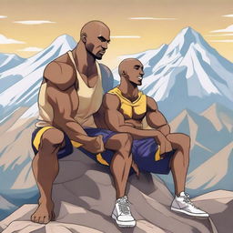 Anime-style depiction of Kobe Bryant and the muscular figure of Zyzz sitting atop the peaks of Mount Olympus, engaged in a friendly interaction.