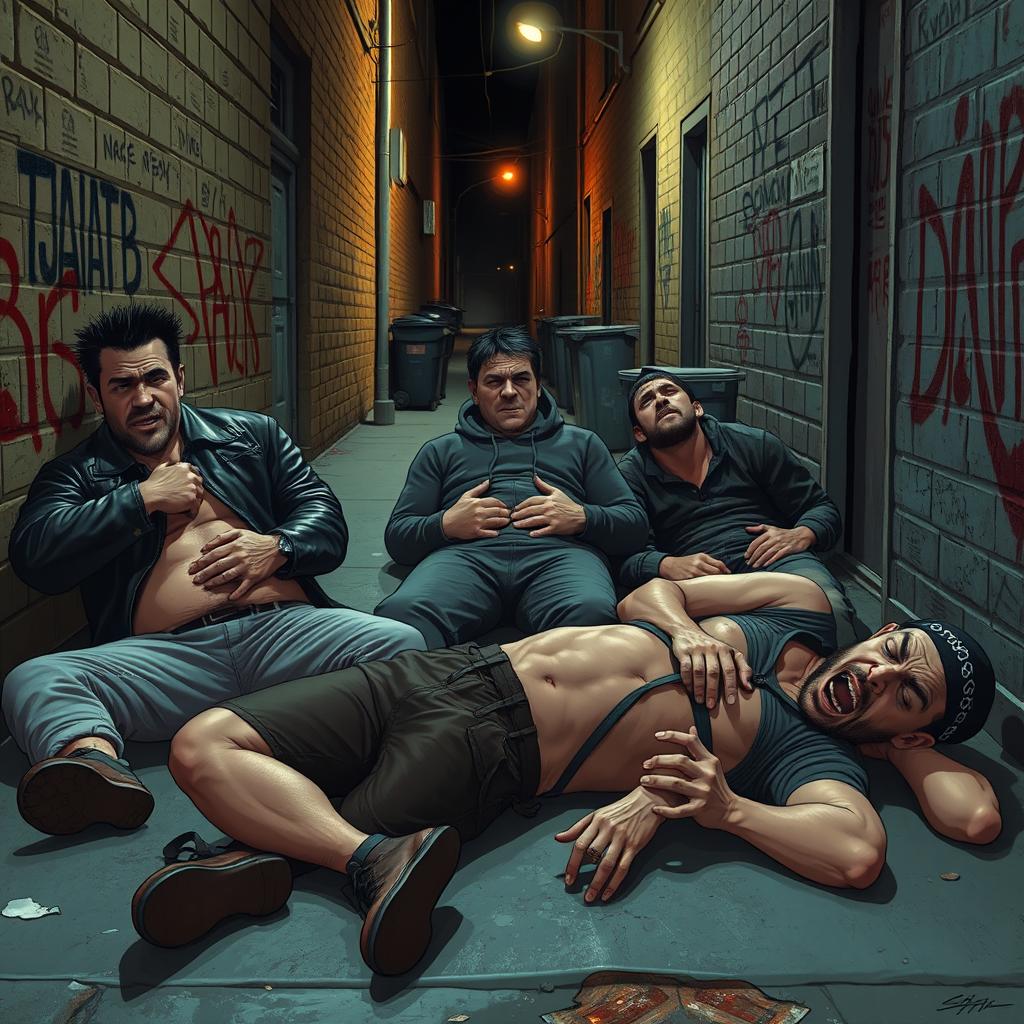 Five thugs lying on the ground in agony, clutching their groin