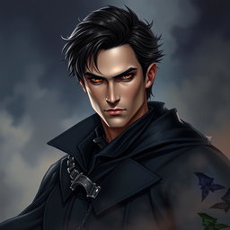 A realistic male character with a mysterious vibe, designed as a book cover illustration