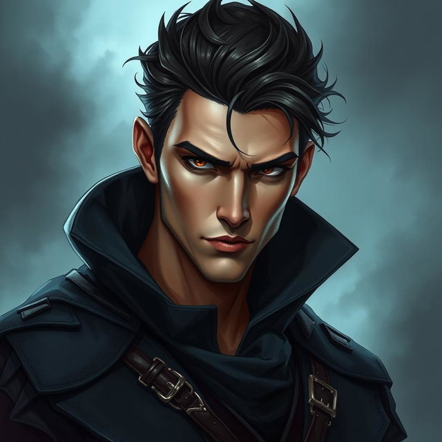 A realistic male character with a mysterious vibe, designed as a book cover illustration