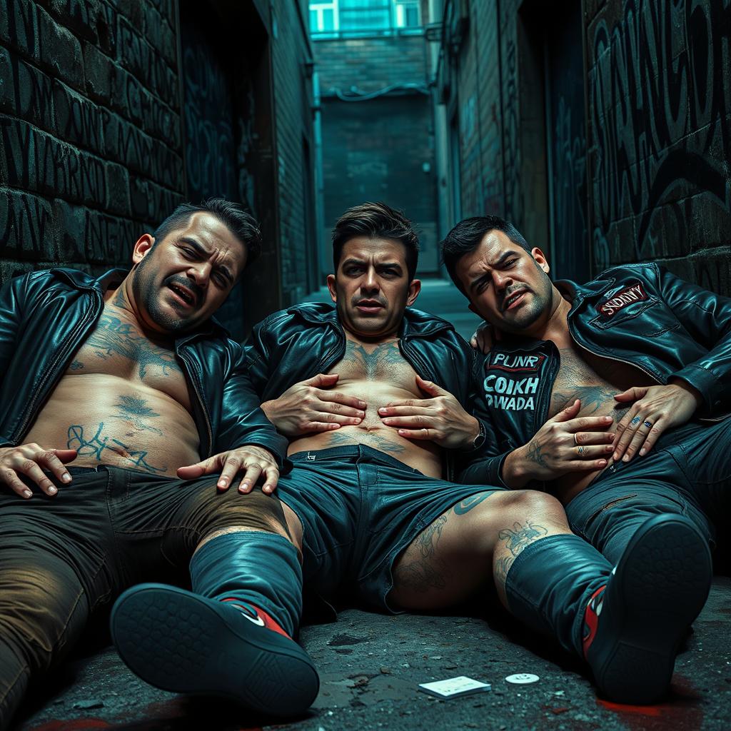 Five male thugs, named Sonny, Kevin, Marco, and Danny, all in a gritty urban setting, lying on the ground in distress, holding their groin in agony
