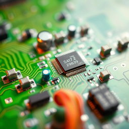 An intricate electronic circuit design, featuring detailed components like resistors, capacitors, and microchips