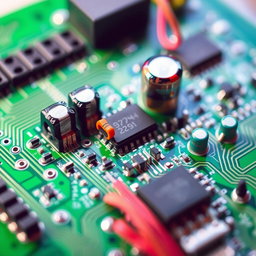 An intricate electronic circuit design, featuring detailed components like resistors, capacitors, and microchips