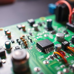An intricate electronic circuit design, featuring detailed components like resistors, capacitors, and microchips