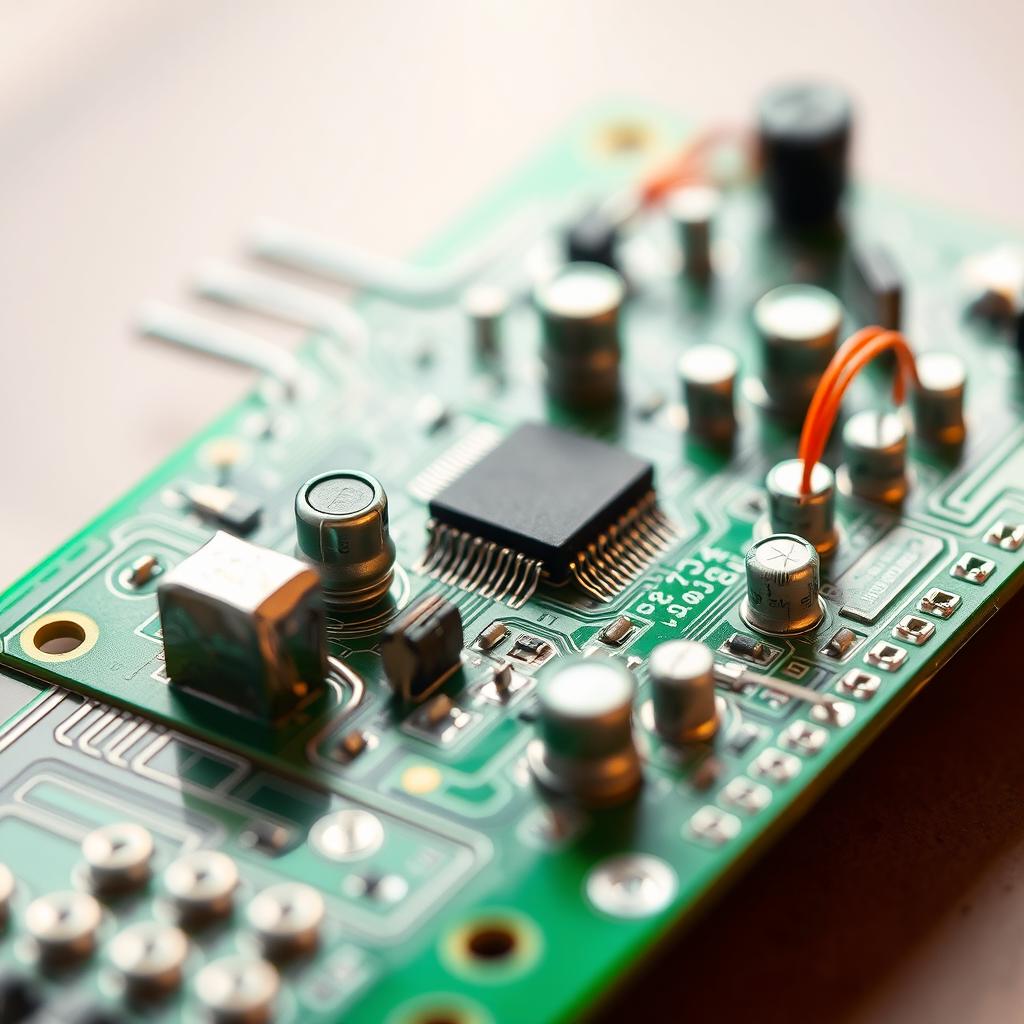 An intricate electronic circuit design, featuring detailed components like resistors, capacitors, and microchips