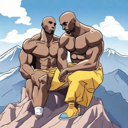 Anime-style depiction of Kobe Bryant and the muscular figure of Zyzz sitting atop the peaks of Mount Olympus, engaged in a friendly interaction.