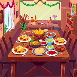A vibrant pixel art scene depicting a wooden dining table filled with a variety of delicious foods