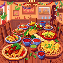 A vibrant pixel art scene depicting a wooden dining table filled with a variety of delicious foods