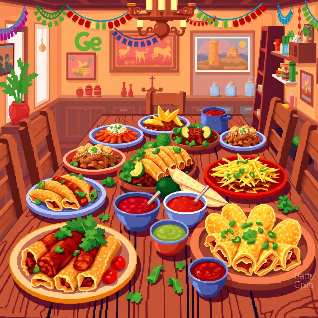 A vibrant pixel art scene depicting a wooden dining table filled with a variety of delicious foods