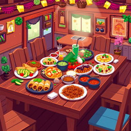 A vibrant pixel art scene depicting a wooden dining table filled with a variety of delicious foods