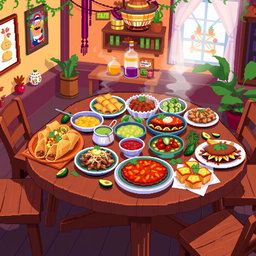 A vibrant pixel art scene depicting a wooden dining table filled with a variety of delicious foods
