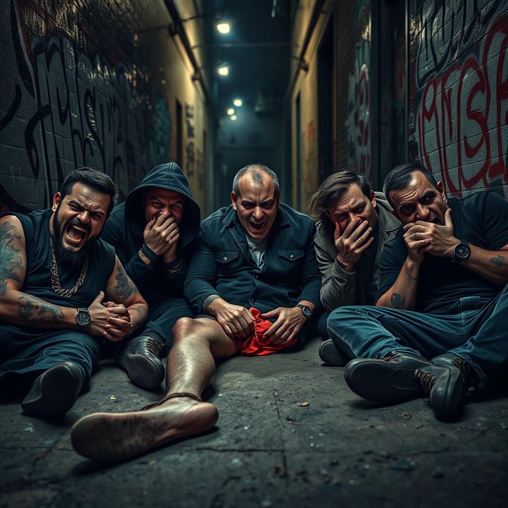 Five sadistic thugs on the ground, displaying expressions of agony and desperation, clutching their manhood