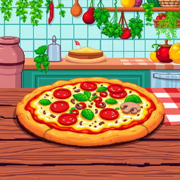 A vibrant pixel art representation of a delicious mesa pizza, showcasing a thick crust topped with a variety of colorful ingredients such as melted cheese, pepperoni, bell peppers, and mushrooms