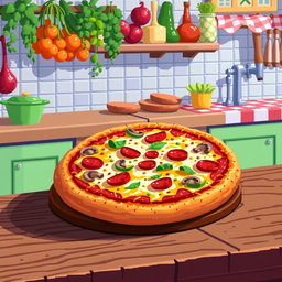 A vibrant pixel art representation of a delicious mesa pizza, showcasing a thick crust topped with a variety of colorful ingredients such as melted cheese, pepperoni, bell peppers, and mushrooms