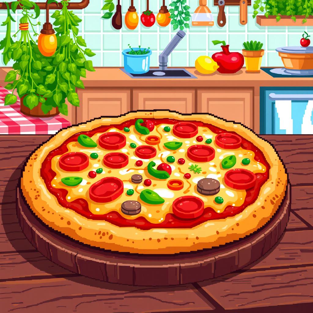 A vibrant pixel art representation of a delicious mesa pizza, showcasing a thick crust topped with a variety of colorful ingredients such as melted cheese, pepperoni, bell peppers, and mushrooms