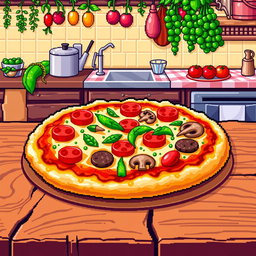 A vibrant pixel art representation of a delicious mesa pizza, showcasing a thick crust topped with a variety of colorful ingredients such as melted cheese, pepperoni, bell peppers, and mushrooms