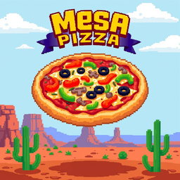 A vibrant pixel art depiction of a delicious mesa pizza, showcasing a thick crust topped with a variety of ingredients, including colorful bell peppers, black olives, mushrooms, and melted cheese
