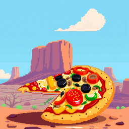 A vibrant pixel art depiction of a delicious mesa pizza, showcasing a thick crust topped with a variety of ingredients, including colorful bell peppers, black olives, mushrooms, and melted cheese