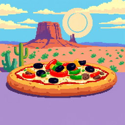 A vibrant pixel art depiction of a delicious mesa pizza, showcasing a thick crust topped with a variety of ingredients, including colorful bell peppers, black olives, mushrooms, and melted cheese
