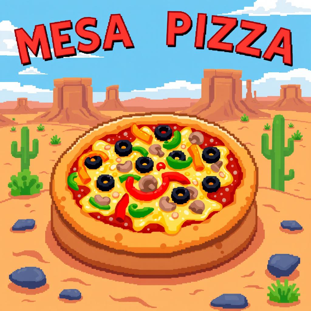 A vibrant pixel art depiction of a delicious mesa pizza, showcasing a thick crust topped with a variety of ingredients, including colorful bell peppers, black olives, mushrooms, and melted cheese