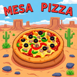 A vibrant pixel art depiction of a delicious mesa pizza, showcasing a thick crust topped with a variety of ingredients, including colorful bell peppers, black olives, mushrooms, and melted cheese