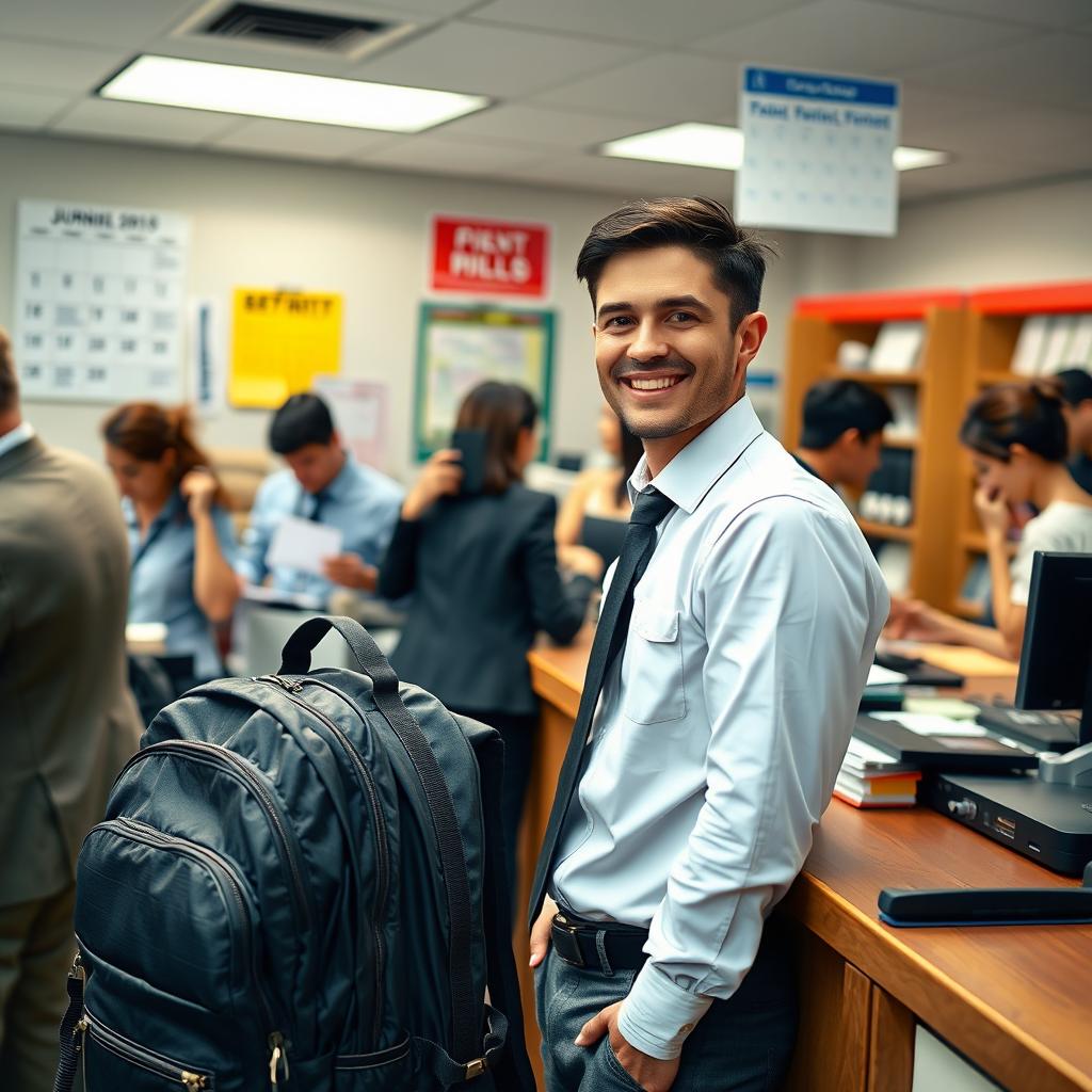 A busy office scene with a smiling worker behind a counter, interacting with customers