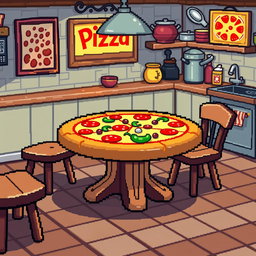 A whimsical pixel art image depicting a table shaped like a pizza, colorful toppings such as pepperoni, mushrooms, and green peppers adorning the surface