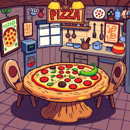 A whimsical pixel art image depicting a table shaped like a pizza, colorful toppings such as pepperoni, mushrooms, and green peppers adorning the surface