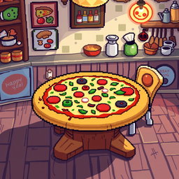 A whimsical pixel art image depicting a table shaped like a pizza, colorful toppings such as pepperoni, mushrooms, and green peppers adorning the surface