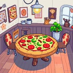 A whimsical pixel art image depicting a table shaped like a pizza, colorful toppings such as pepperoni, mushrooms, and green peppers adorning the surface