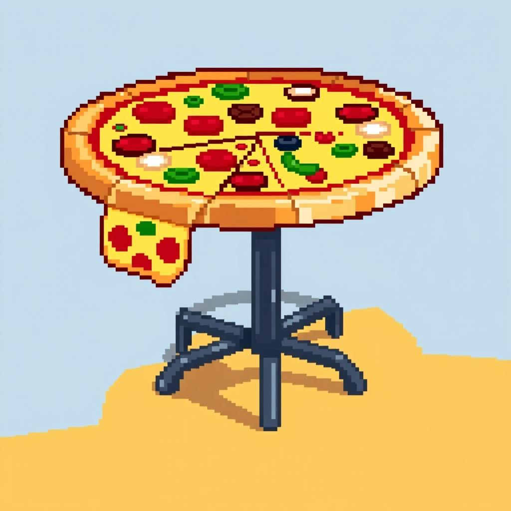 A pixel art style dining table designed to resemble a pizza, featuring vibrant colors representing various pizza toppings like pepperoni, mushrooms, green peppers, and olives